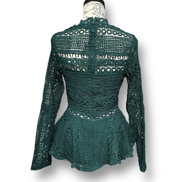 Anthropologie Endless Rose XS Green Crochet Lace Peplum Blouse Coquette Chic NW - Picture 5 of 8